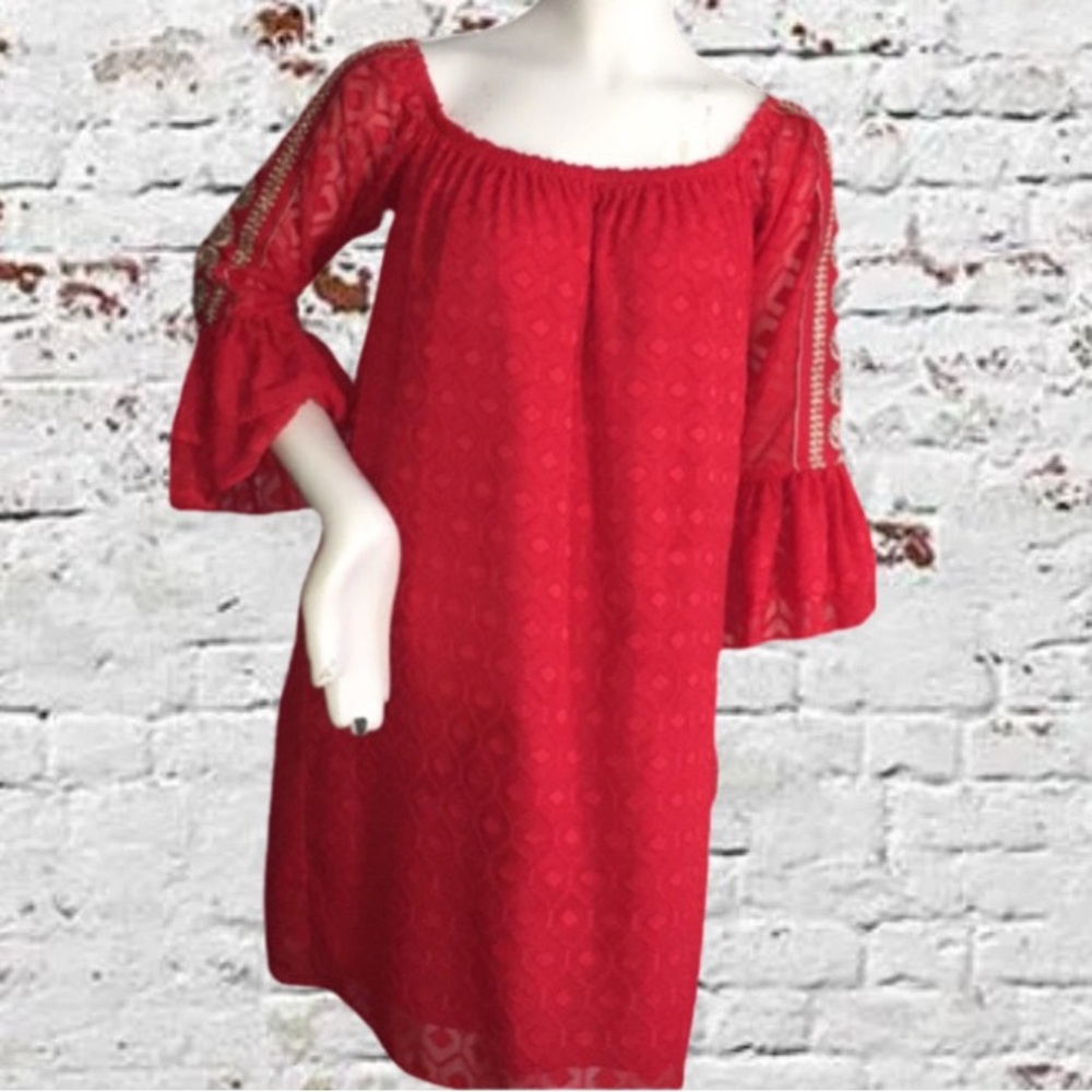 Vava by Joy Han Red Off Shoulder Mini Dress M Bell Sleeve Sequin Trim Made USA